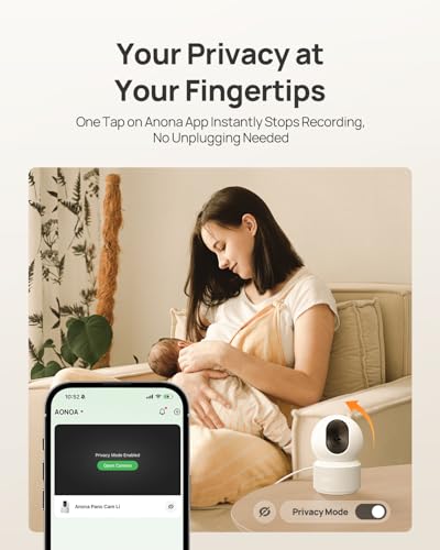Promotional graphic for Anona indoor security camera highlighting Privacy Mode. Text reads 'Your Privacy at Your Fingertips - One Tap on Anona App Instantly Stops Recording, No Unplugging Needed.' Shows app screenshot and white camera with Privacy Mode toggle.