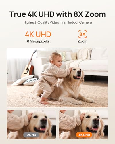 Promotional graphic for an indoor security camera highlighting True 4K UHD with 8X Zoom. Features a lifestyle photo of a toddler petting a golden retriever, plus a side-by-side comparison showing 2K HD vs 4K UHD image quality.