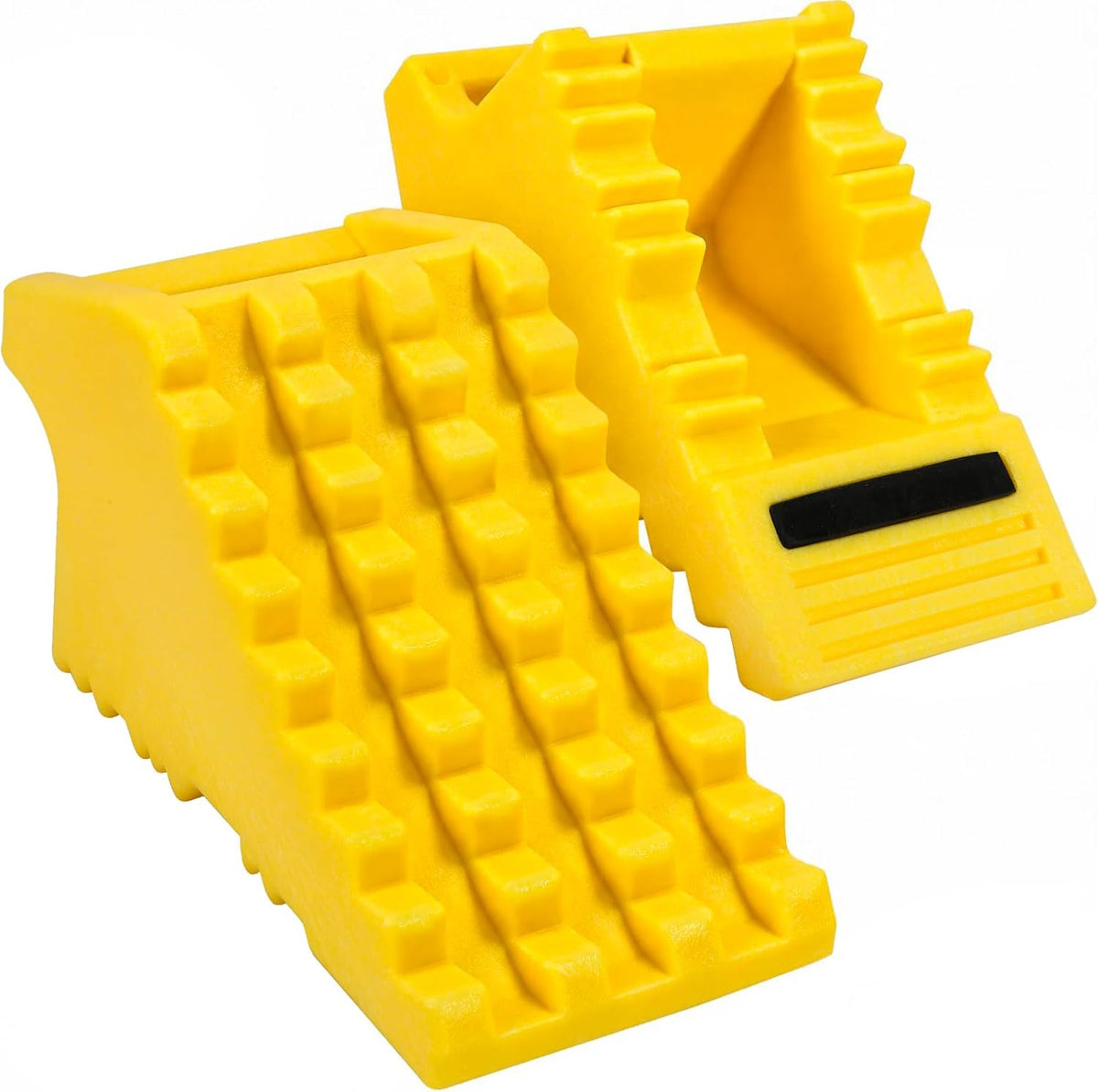 Yellow — MaxxHaul High Visibility Poly Foam Wheel Chock 2-Pack | 8" x 4" x 4" Lightweight Tire Stop | Slip-Resistant Rubber Base | Built-in Handle | Safety Yellow (50503)