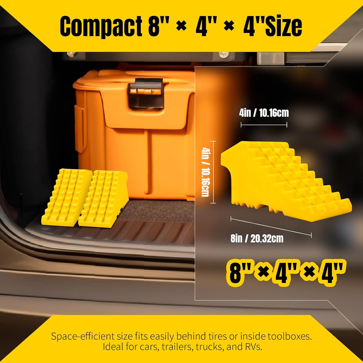 MaxxHaul High Visibility Poly Foam Wheel Chock 2-Pack | 8" x 4" x 4" Lightweight Tire Stop | Slip-Resistant Rubber Base | Built-in Handle | Safety Yellow (50503) — source gallery