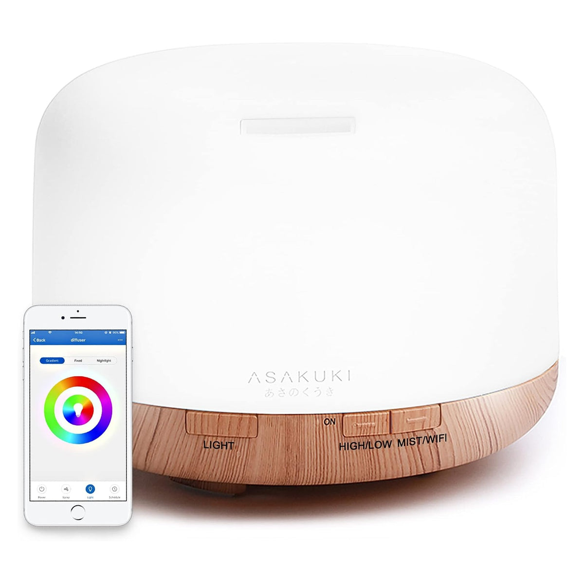 ASAKUKI essential oil diffuser with white rounded top and light wood-grain base, featuring LIGHT, ON, HIGH\/LOW, and MIST\/WIFI control buttons. A smartphone showing a colorful app interface is displayed beside it.