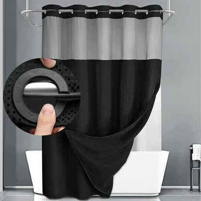 Black waffle shower curtain with snap-in liner
