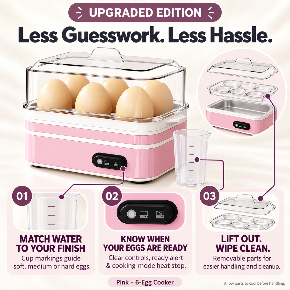 Pink Upgraded edition: measuring cup doneness guidance, clear ready feedback, removable parts and easy cleanup