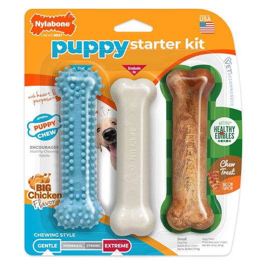 Nylabone Puppy Starter Kit packaging showing three items: a blue textured rubber chew toy, a white bone-shaped nylon chew toy, and a brown edible bacon-flavor chew treat. Labeled 'Gentle' chewing style.