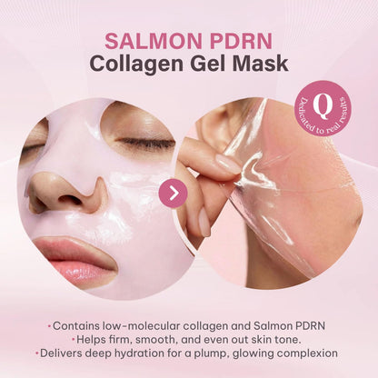 Salmon PDRN Collagen Gel Mask promotional graphic showing a close-up of a woman wearing a glossy pink gel face mask, alongside a detail of the mask being peeled off. Text lists benefits: firms, smooths, hydrates, and evens skin tone.