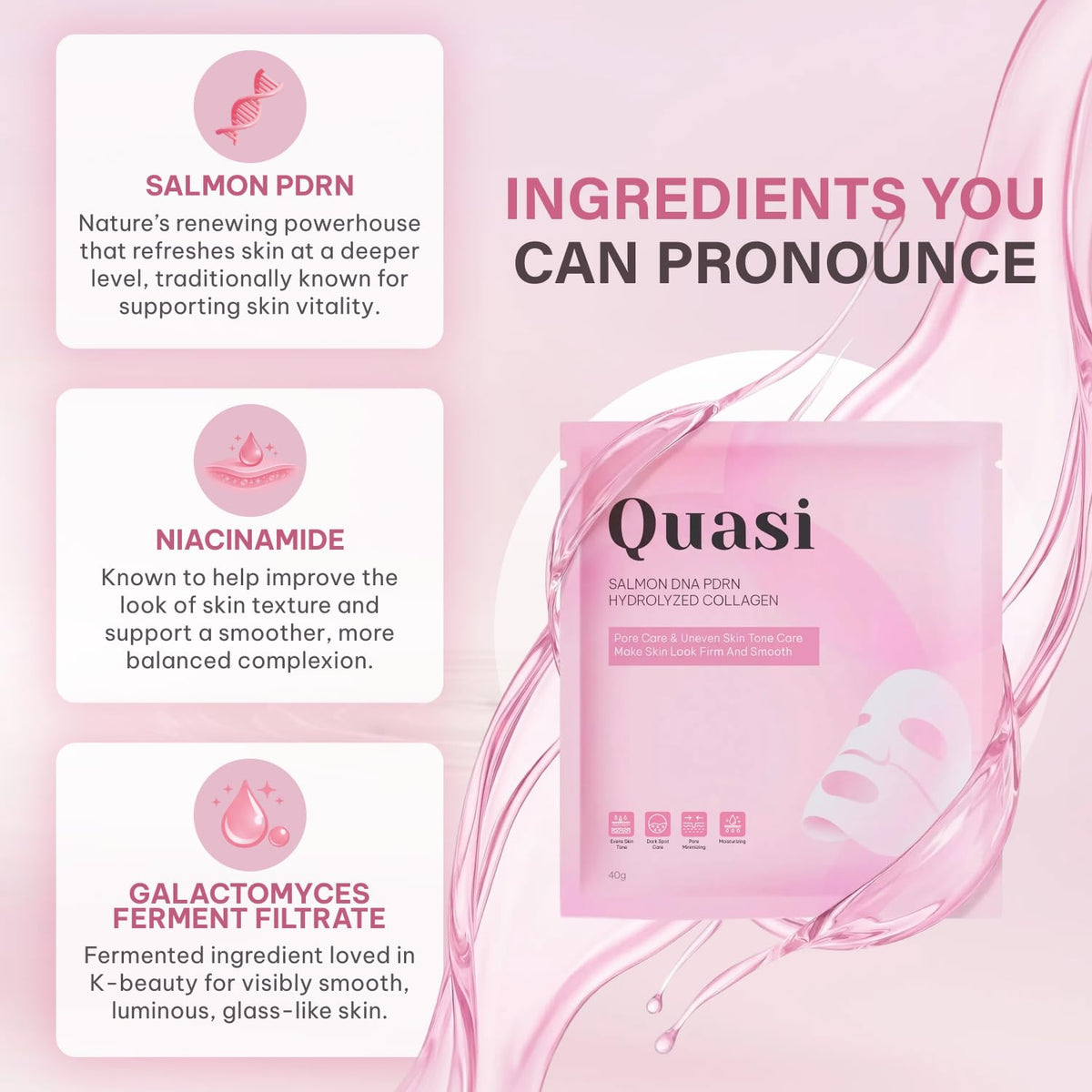 Quasi Salmon DNA PDRN Hydrolyzed Collagen face mask packet in pink packaging, shown alongside ingredient callouts: Salmon PDRN, Niacinamide, and Galactomyces Ferment Filtrate, with the headline 'Ingredients You Can Pronounce.'