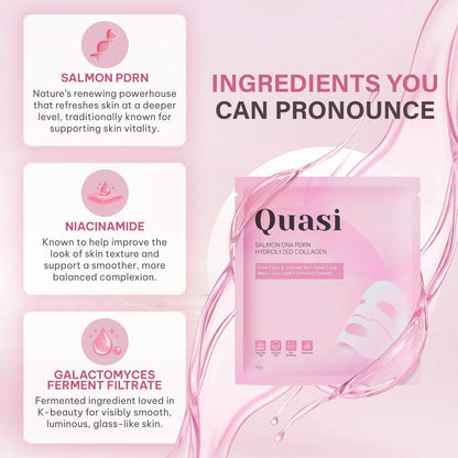 Quasi Salmon DNA PDRN Hydrolyzed Collagen face mask packet in pink packaging, shown alongside ingredient callouts: Salmon PDRN, Niacinamide, and Galactomyces Ferment Filtrate, with the headline 'Ingredients You Can Pronounce.'