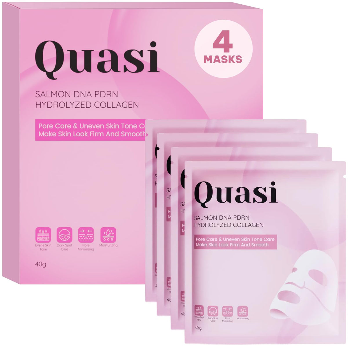 Quasi Salmon DNA PDRN Hydrolyzed Collagen face mask box in pink, labeled '4 Masks' and 40g, shown alongside 4 individual pink foil mask packets, each displaying a white sheet mask cutout and benefit icons.