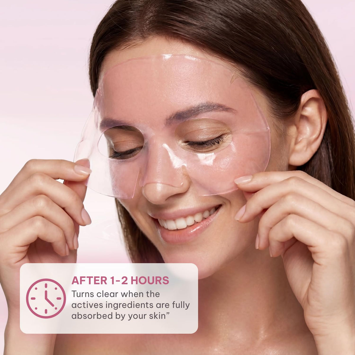 Promotional infographic for Quasi Salmon DNA PDRN Hydrolyzed Collagen face masks. Three pink foil mask packets are shown alongside six checkmarked benefits: strengthens skin barrier, calms irritated skin, supports deep hydration, enhances natural glow, supports skin renewal, and helps reduce skin sensitivity.