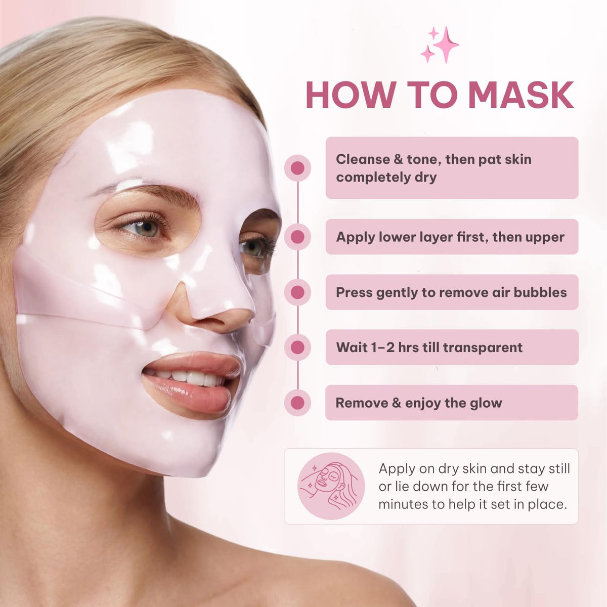 How to Mask instructional graphic showing a person wearing a glossy pink gel face mask, with 5 steps: cleanse and tone, apply lower layer first then upper, press to remove air bubbles, wait 1-2 hrs till transparent, then remove and enjoy the glow., 2+ more images are available