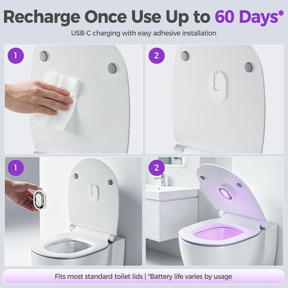 Infographic showing UV-C toilet lid sanitizer installation in 4 steps: cleaning lid surface, attaching adhesive mount, snapping in device, and activated purple UV light glowing inside closed toilet bowl.