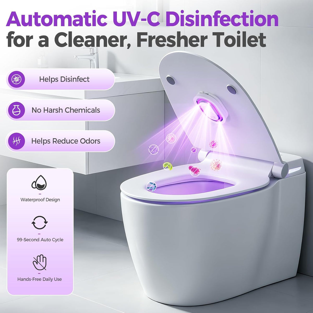Promotional banner for a UV-C toilet sanitizer device mounted inside a white toilet lid, emitting purple UV light. Text states 'Automatic UV-C Disinfection for a Cleaner, Fresher Toilet' with callouts: Helps Disinfect, No Harsh Chemicals, Helps Reduce Odors.