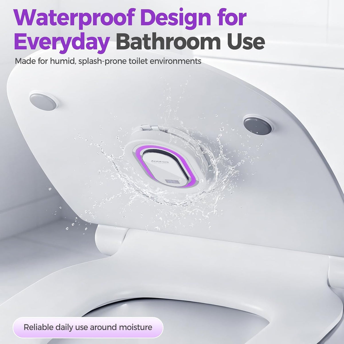 Promotional image of a white UV-C toilet lid sanitizer with a purple-glowing ring, shown mounted on a toilet lid with water splashing around it, demonstrating waterproof design. Text reads 'Waterproof Design for Everyday Bathroom Use.'