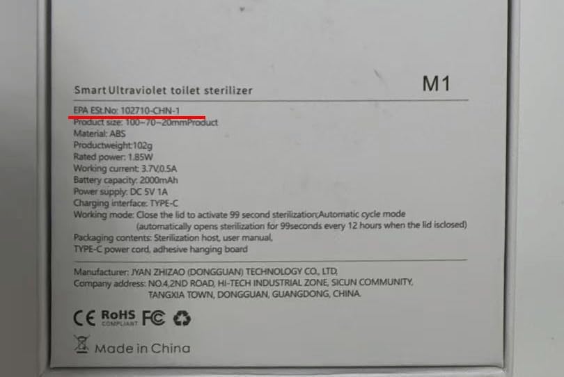 Product specification label on white box for Smart Ultraviolet Toilet Sterilizer M1. Lists ABS material, 102g weight, 1.85W power, 2000mAh battery, USB-C charging, and 99-second automatic sterilization cycle. Made in China.