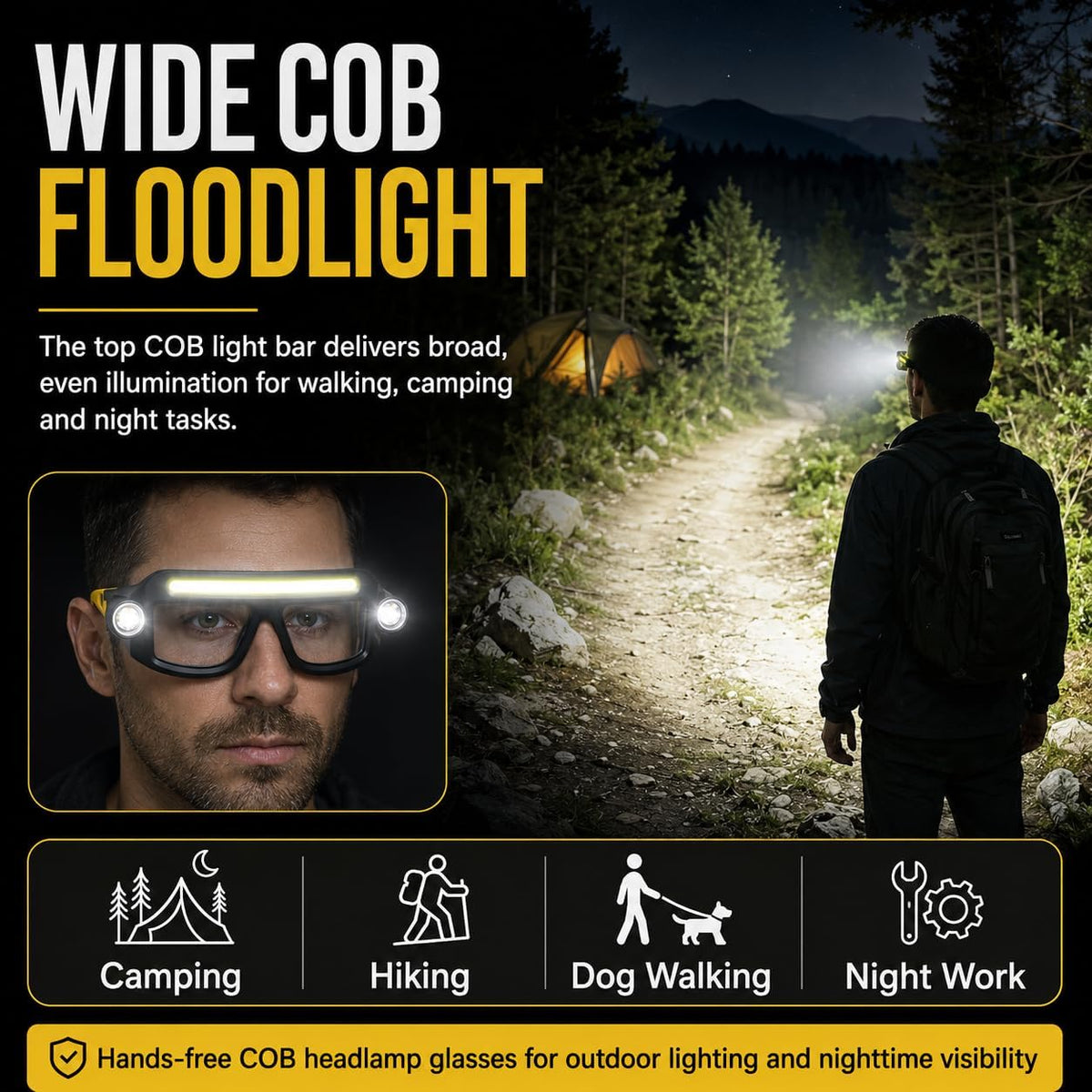 Promotional banner for LED headlamp safety glasses featuring 'Wide COB Floodlight' text. Shows a man wearing the light-up glasses and a nighttime trail scene. Use icons highlight Camping, Hiking, Dog Walking, and Night Work.