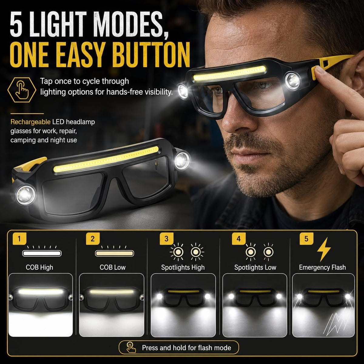LED headlamp safety glasses in black and yellow, shown worn by a man and as a standalone product. Promotional banner reads '5 Light Modes, One Easy Button.' Bottom panel shows 5 modes: COB High, COB Low, Spotlights High, Spotlights Low, and Emergency Flash.