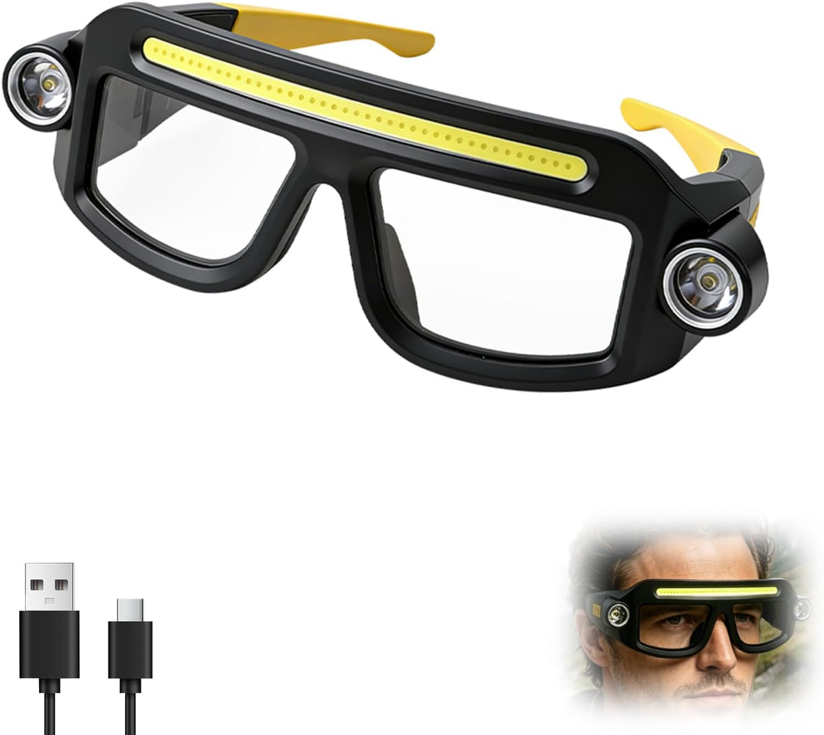 Black and yellow LED headlight glasses with two spotlight LEDs on outer corners and a COB strip light along the top frame. Clear lenses, yellow temples. Includes USB-C charging cable and inset photo of glasses being worn.