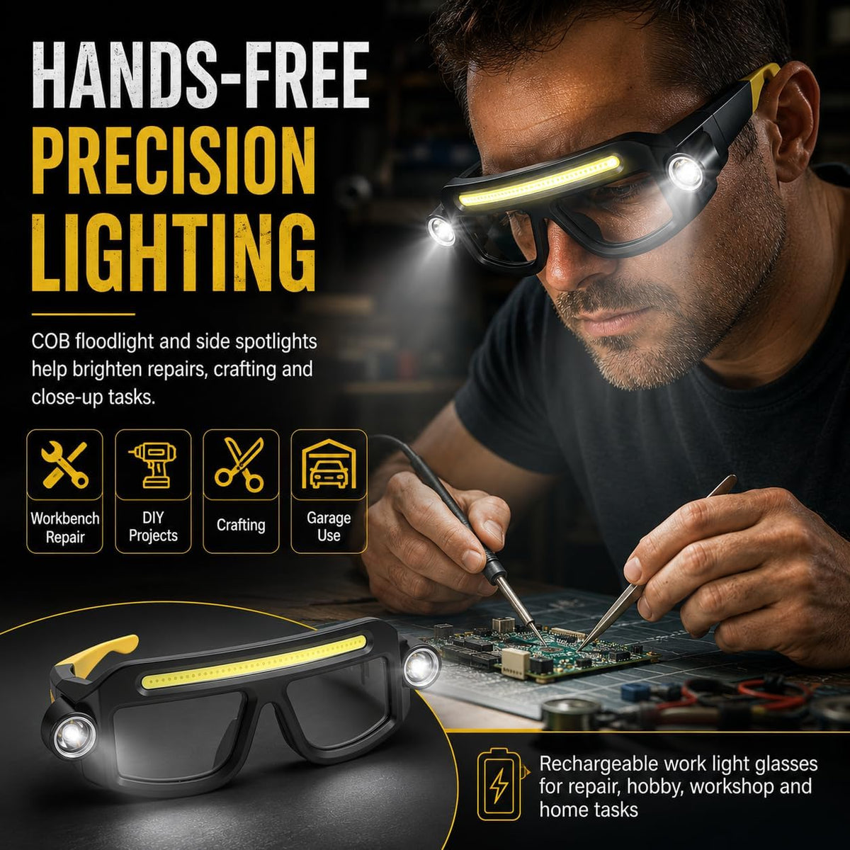 Promotional banner for LED light-up safety glasses in black and yellow. A man uses them while soldering a circuit board. The glasses feature a COB strip light and two side spotlights. Text: 'Hands-Free Precision Lighting'.