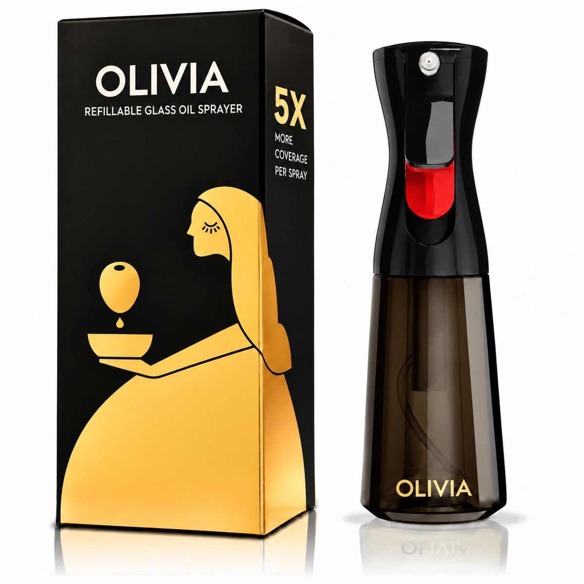 FLAIROSOL OLIVIA SIGNATURE Oil Sprayer, 200ml Glass, Black | Portion control mist for air fryer, salad, BBQ, refillable & reusable, fine mist olive oil kitchen sprayer, anti-drip