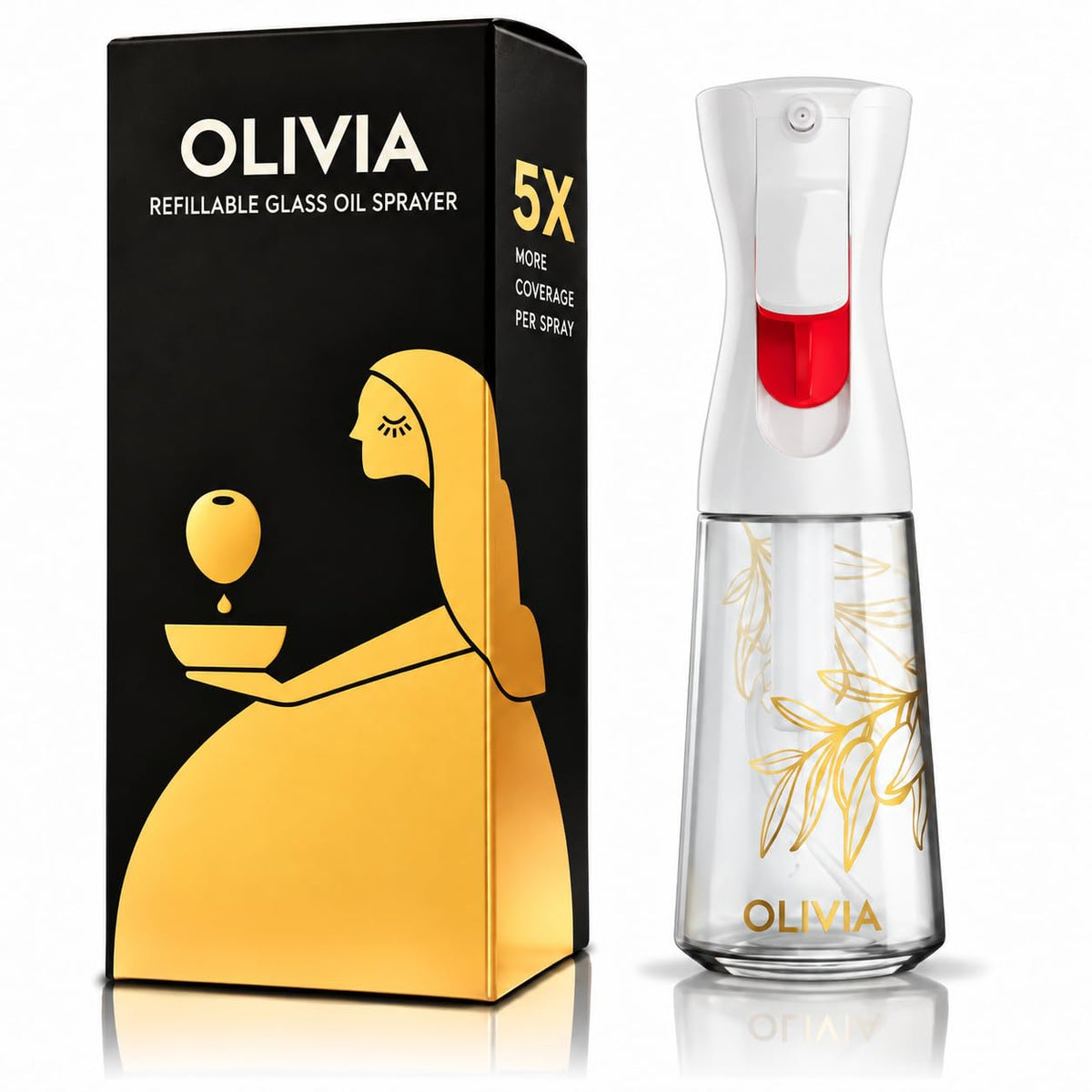 FLAIROSOL OLIVIA SIGNATURE Oil Sprayer, 200ml Glass, Golden Leaves | Portion control mist for air fryer, salad, BBQ, refillable & reusable, fine mist olive oil kitchen sprayer, anti-drip