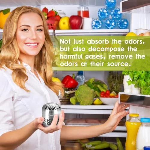 Woman in white shirt holding a small silver cylindrical refrigerator deodorizer in front of an open, food-filled fridge. Text overlay reads: 'Not just absorb the odors, but also decompose the harmful gases, remove the odors at their source.'