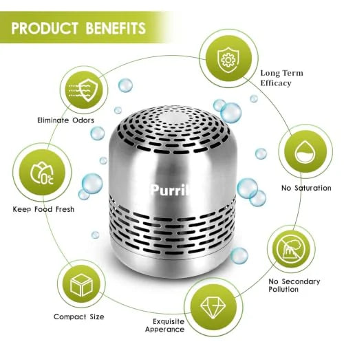 Promotional infographic for a cylindrical silver metallic refrigerator deodorizer by Purriko. Six green benefit icons surround the product: Eliminate Odors, Keep Food Fresh, Compact Size, Exquisite Appearance, No Saturation, No Secondary Pollution, and Long Term Efficacy.