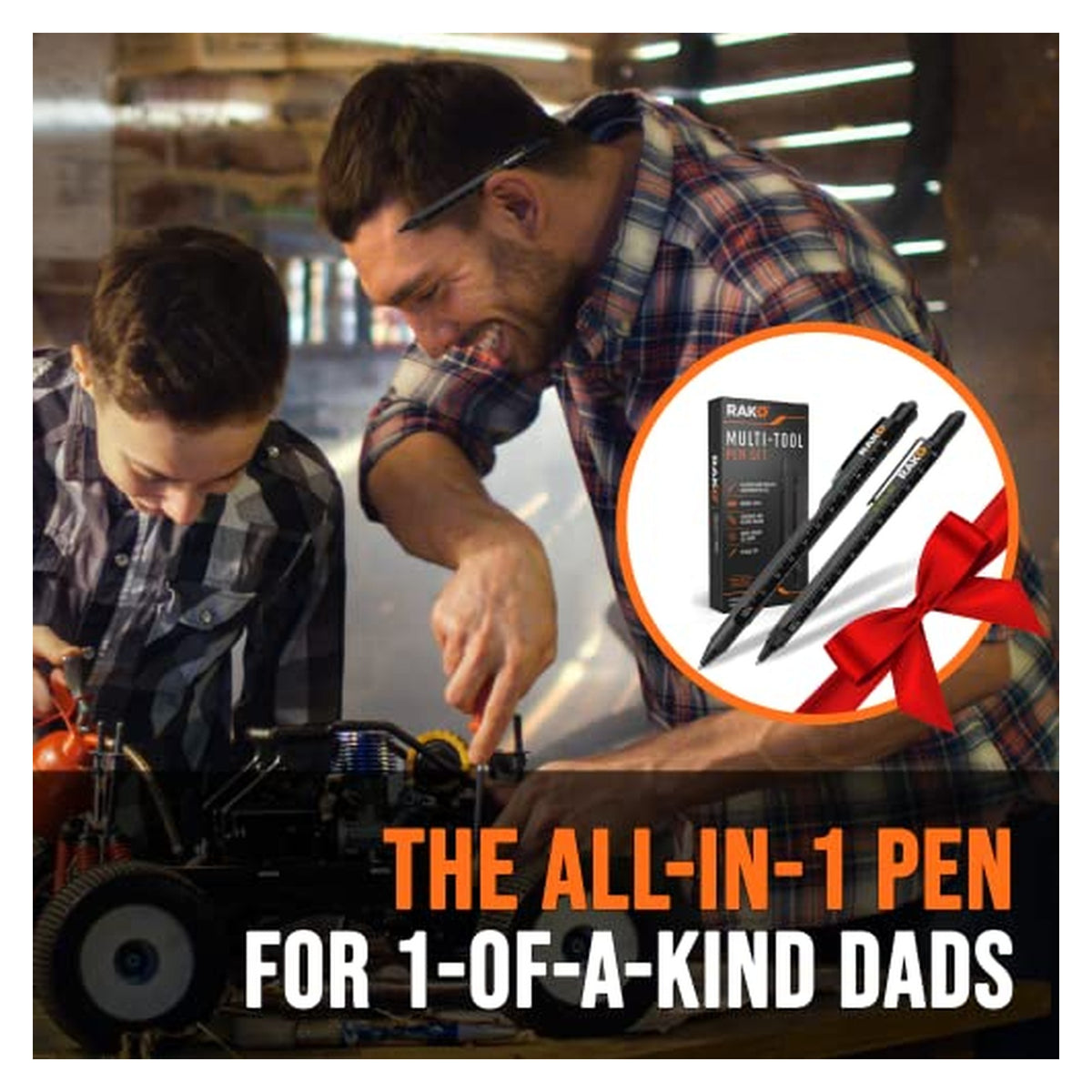 Promotional banner for RAK Multi-Tool Pen Set showing a man and child working on an RC car, with a circular inset of the black pens and gift box tied with a red bow. Text reads 'The all-in-1 pen for 1-of-a-kind dads'