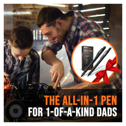 Promotional banner for RAK Multi-Tool Pen Set showing a man and child working on an RC car, with a circular inset of the black pens and gift box tied with a red bow. Text reads 'The all-in-1 pen for 1-of-a-kind dads'