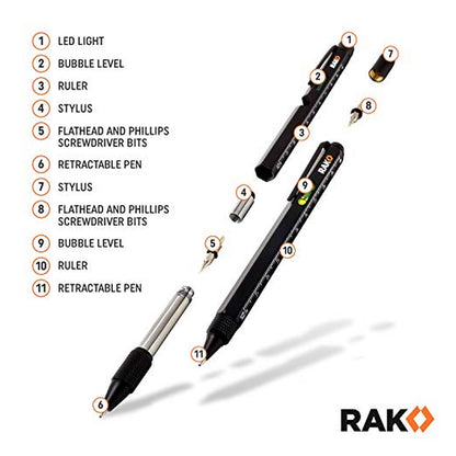 RAK multitool pen infographic showing two black pens with 11 labeled features: LED light, bubble level, ruler, stylus, flathead and Phillips screwdriver bits, retractable pen, and more. Components shown separated from the pens.