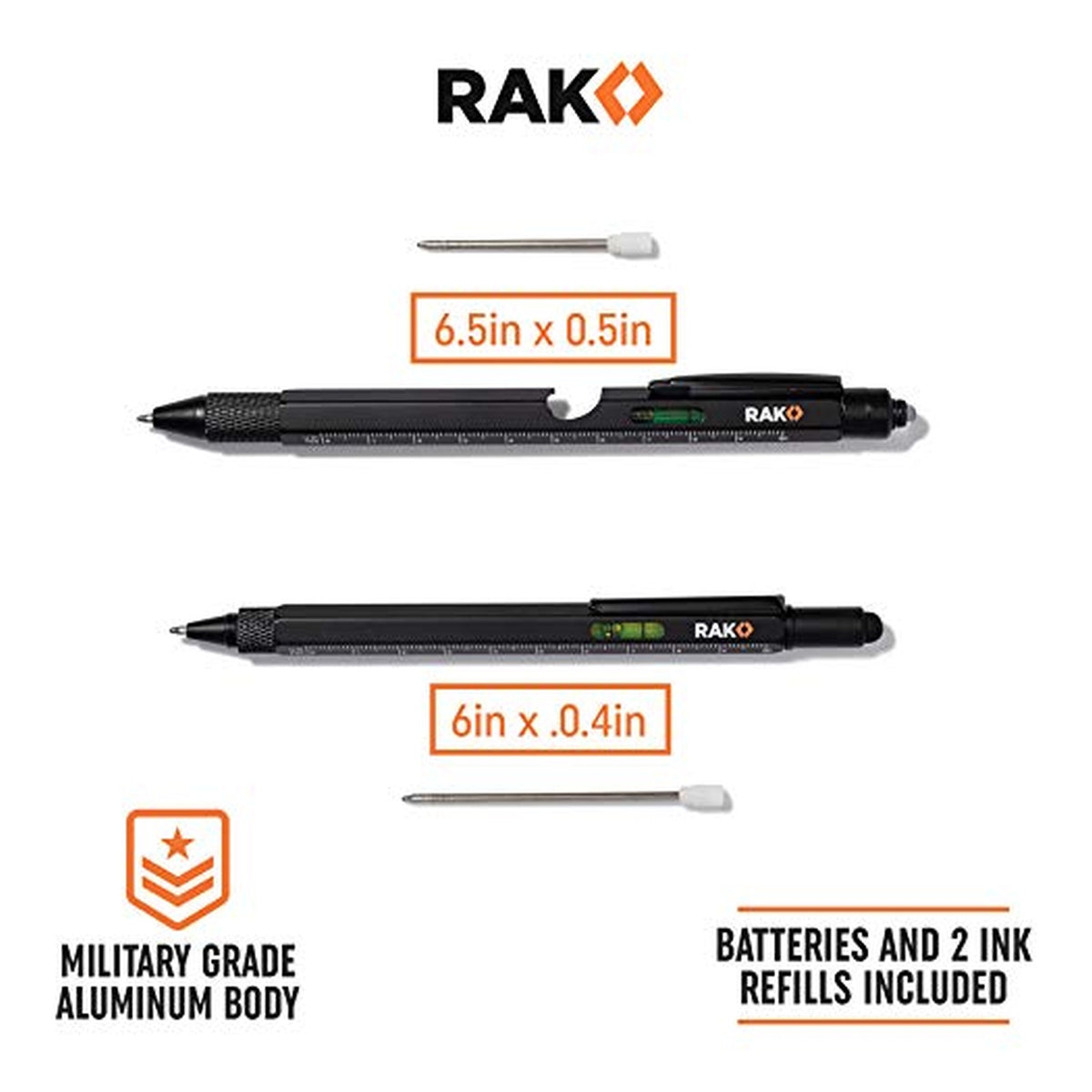 RAK brand multitool pens in black, shown in two sizes: 6.5x0.5in (larger) and 6x0.4in (smaller). Each pen features a built-in bubble level, ruler markings, and RAK logo. Ink refills shown separately. Text notes military grade aluminum body and batteries and 2 ink refills included.