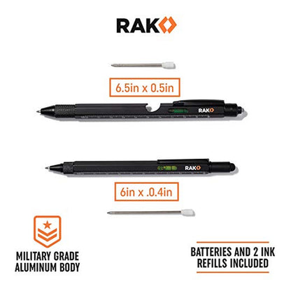 RAK brand multitool pens in black, shown in two sizes: 6.5x0.5in (larger) and 6x0.4in (smaller). Each pen features a built-in bubble level, ruler markings, and RAK logo. Ink refills shown separately. Text notes military grade aluminum body and batteries and 2 ink refills included.