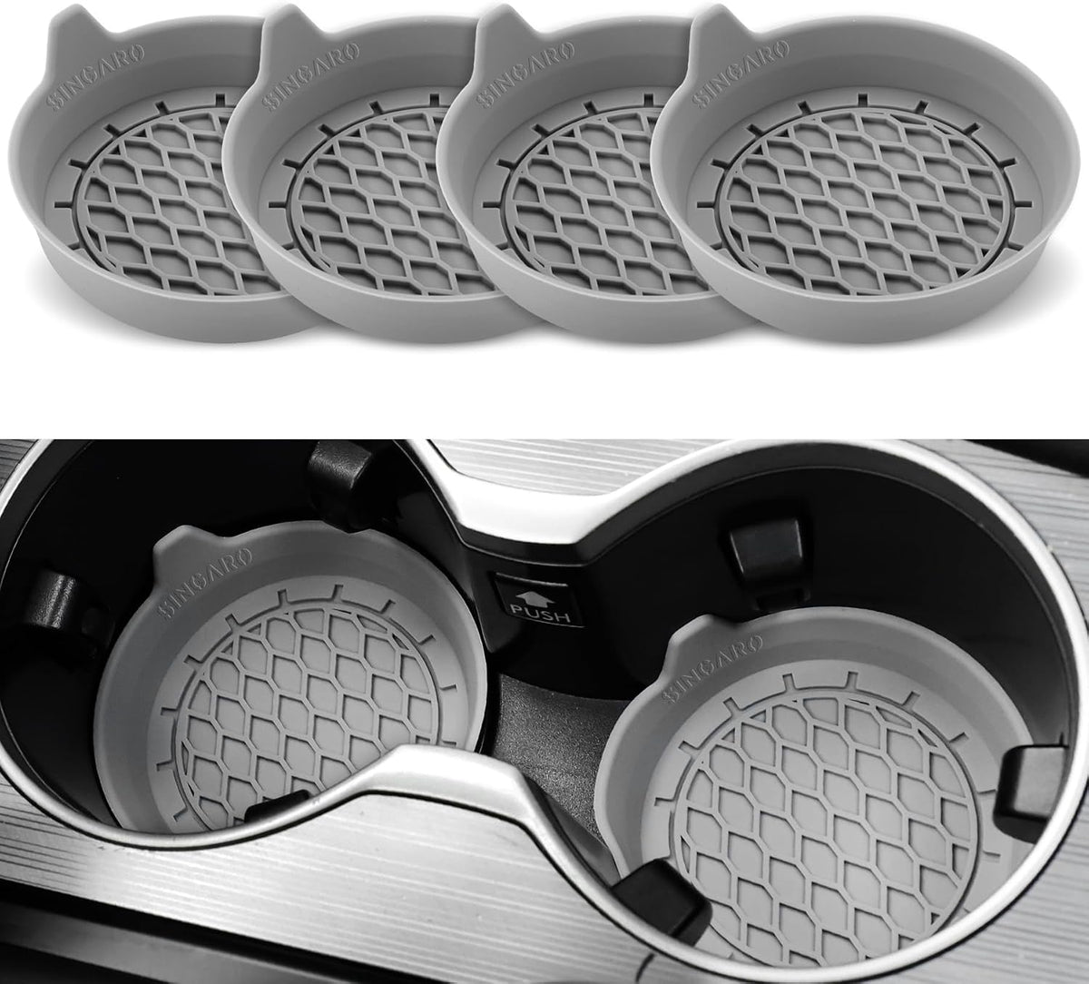 Gray — SINGARO Car Cup Holder Coaster, Silicone Cup Holder Insert, Universal Non-Slip Cup Holders, Car Accessories Interior for Women and Man 4 Pack Gray