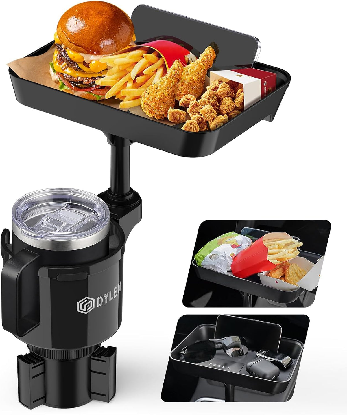 DYLEN black car cup holder tray with adjustable arm extending from a cup holder base holding a stainless tumbler. Large tray displays burger, fries, and fried chicken. Two inset photos show tray in car use.