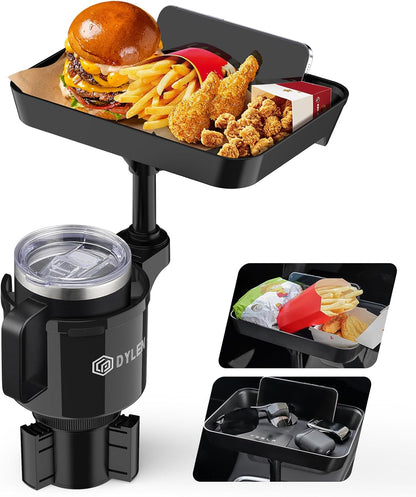 DYLEN black car cup holder tray with adjustable arm extending from a cup holder base holding a stainless tumbler. Large tray displays burger, fries, and fried chicken. Two inset photos show tray in car use.