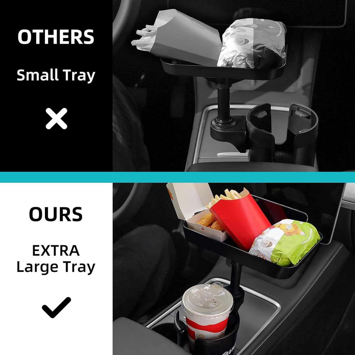 Comparison of two car cup holder trays in a vehicle console. Top panel labeled 'OTHERS Small Tray' with an X shows a small tray barely holding wrapped food. Bottom panel labeled 'OURS EXTRA Large Tray' with a checkmark shows a large black tray holding fries, nuggets, a sandwich, and a drink.