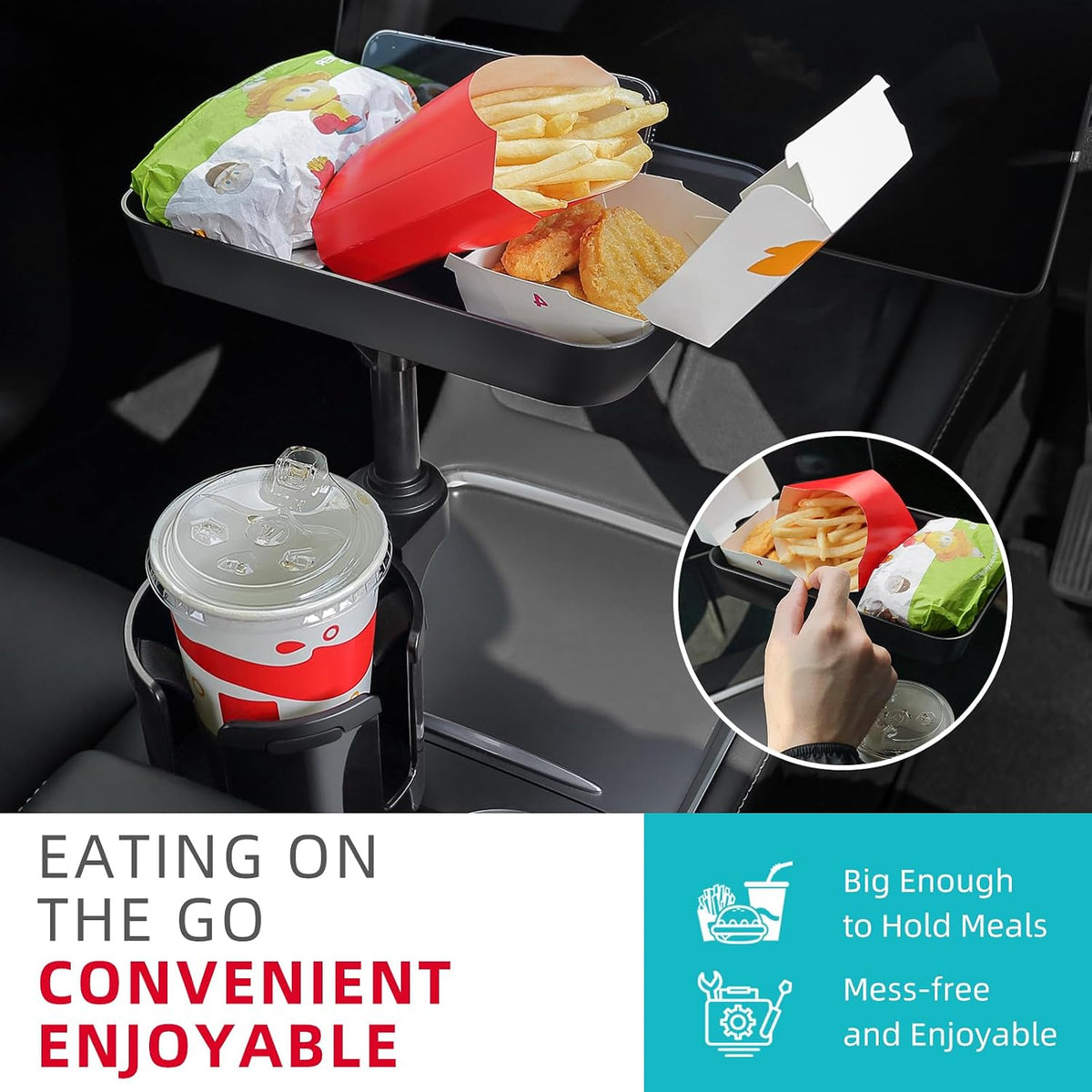 Car cup holder tray shown in a vehicle holding fast food items including fries, nuggets, and a wrapped burger. A large drink sits in the cup holder below. Inset circle shows a hand reaching for food. Text reads 'Eating on the Go - Convenient Enjoyable' with feature callouts.