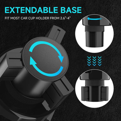 Black car cup holder expander with extendable base. Main view shows top with cyan rotation arrows. Two close-up insets show the ribbed base collapsed and expanded. Text reads 'Extendable Base - Fit most car cup holder from 2.6"-4"'.