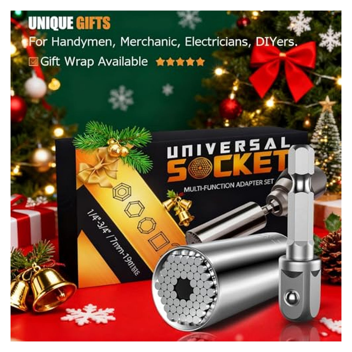 Universal Socket multi-function adapter set shown with its black and gold box against a Christmas backdrop. The silver socket tool displays rows of adjustable pins on its face, alongside a drill adapter attachment. Box reads '1\/4\"-3\/4\" \/ 7mm-19mm.'