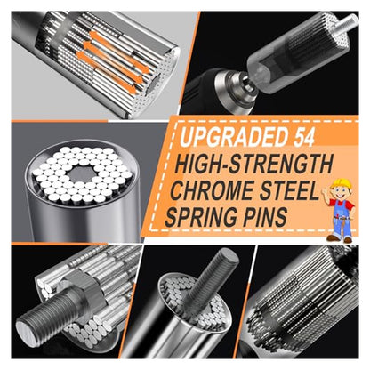 Multi-panel promotional image of a universal socket tool showing internal chrome steel spring pins from multiple angles. Orange banner reads 'Upgraded 54 High-Strength Chrome Steel Spring Pins' with a cartoon builder mascot.