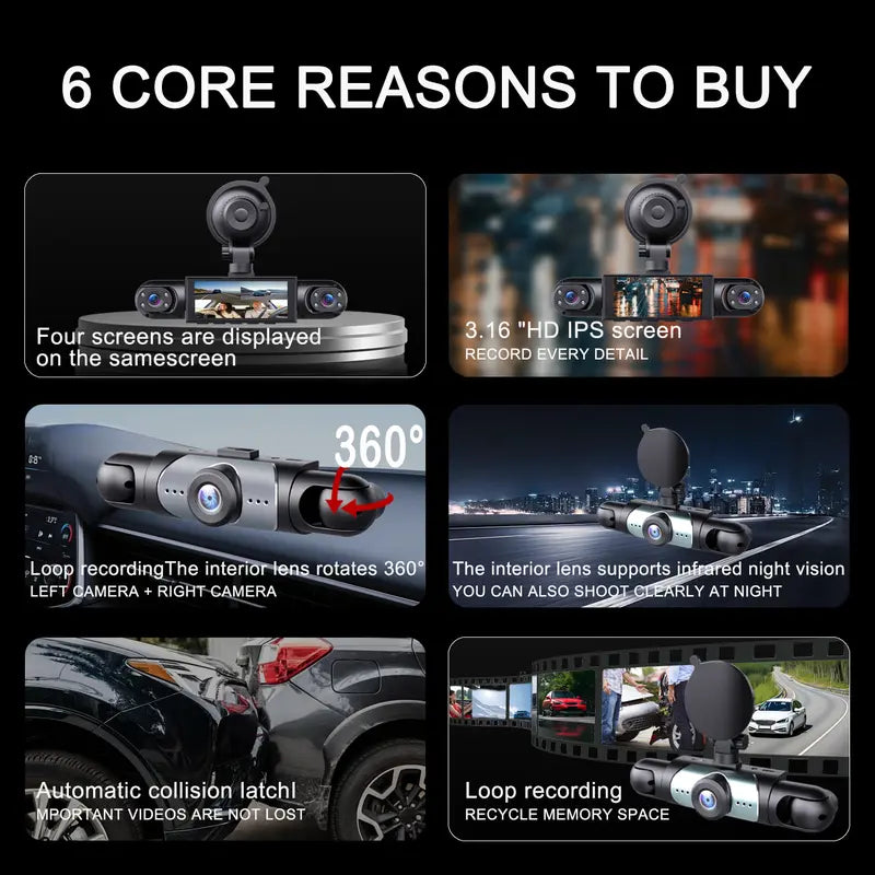 360° 4-Channel 1080P Dash Cam with 64GB Card – Total Blind Spot Protection